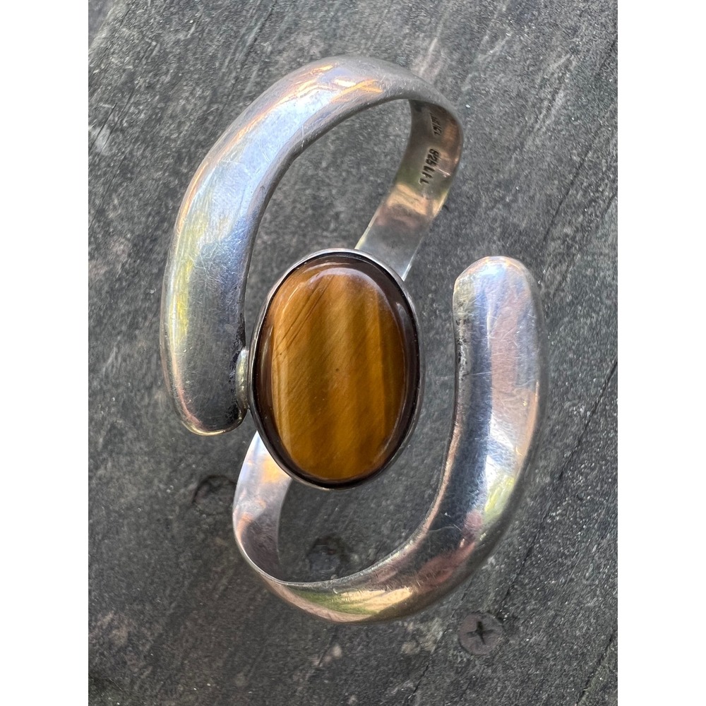 Vintage Los Castillos 925 Tige's Eye Sterling Silver Cuff Bracelet